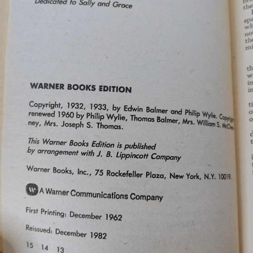 When Worlds Collide Philip Wylie Edwin Balmer Warner Books Sci-Fi Paperback Vtg